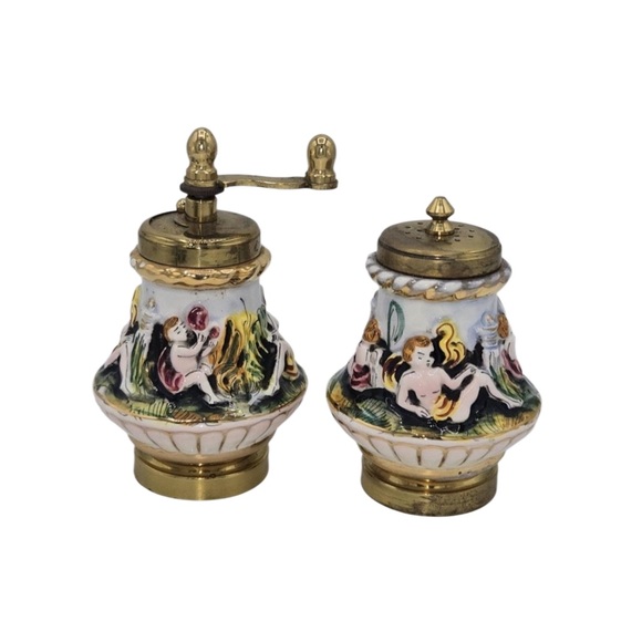Capodimonte Italy Antique Porcelain Brass Salt Shaker Pepper Mill Cherubs Angels - Picture 1 of 5